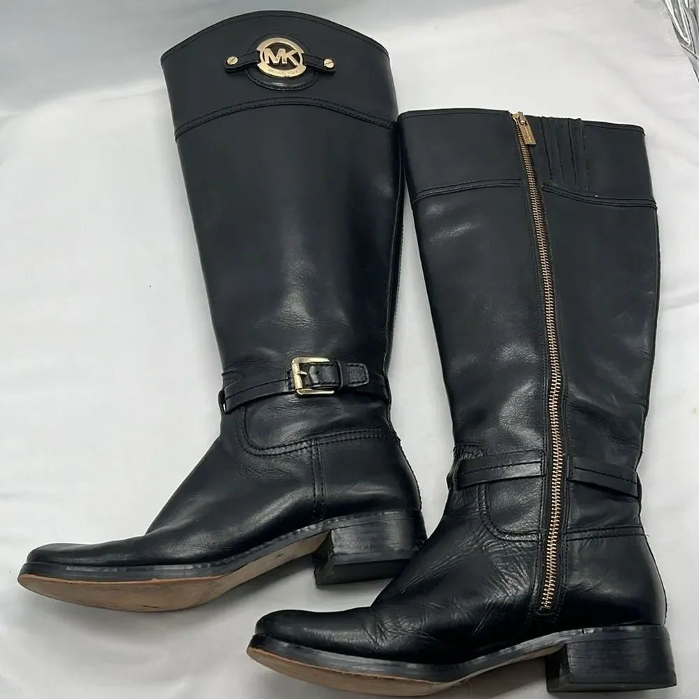 Black Leather Michael Kors Zip Up Riding Boots